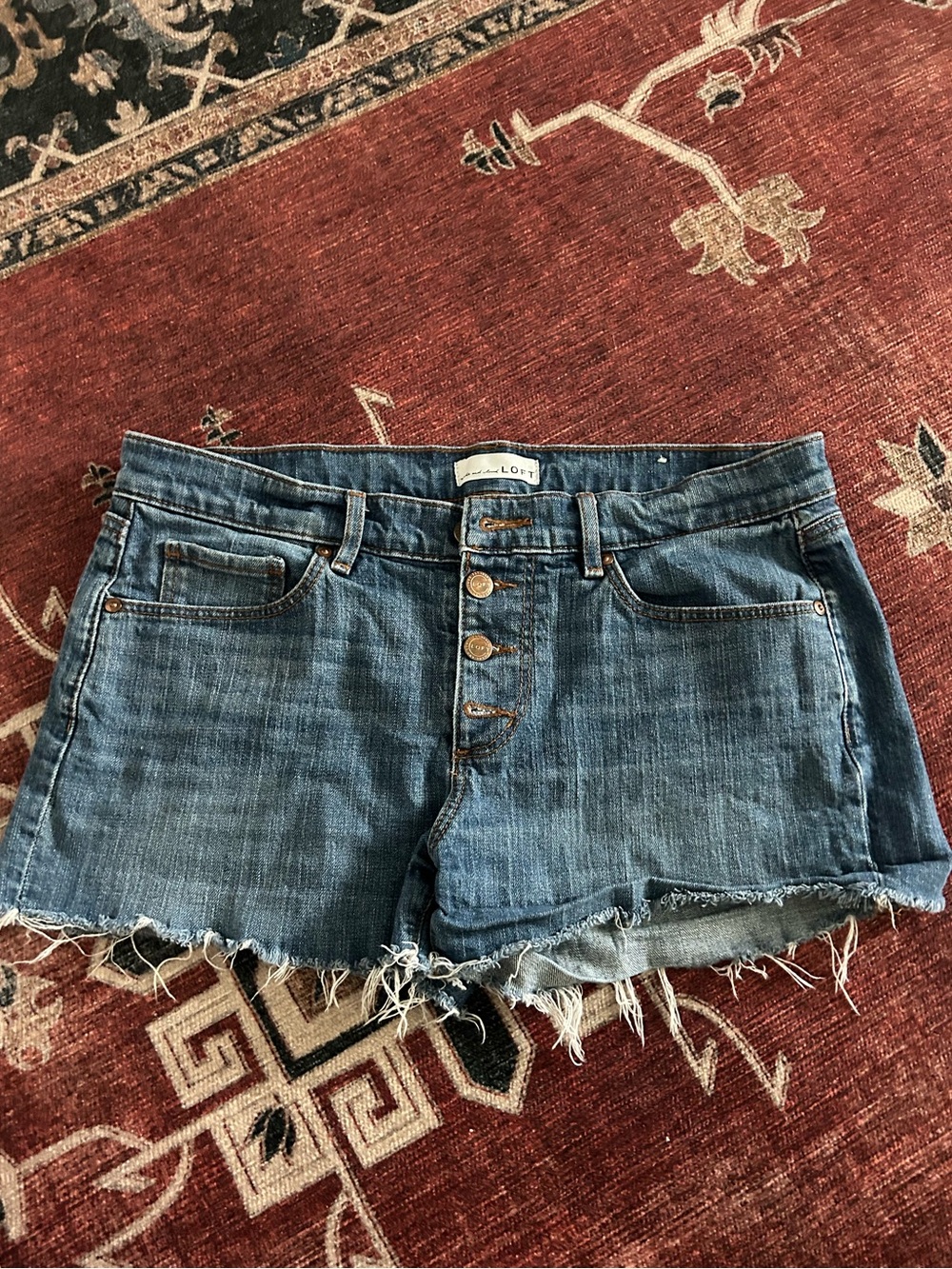 EUC LOFT Denim Shorts Button Fly Raw Hem Size 29/8 Jean Summer Button Closure